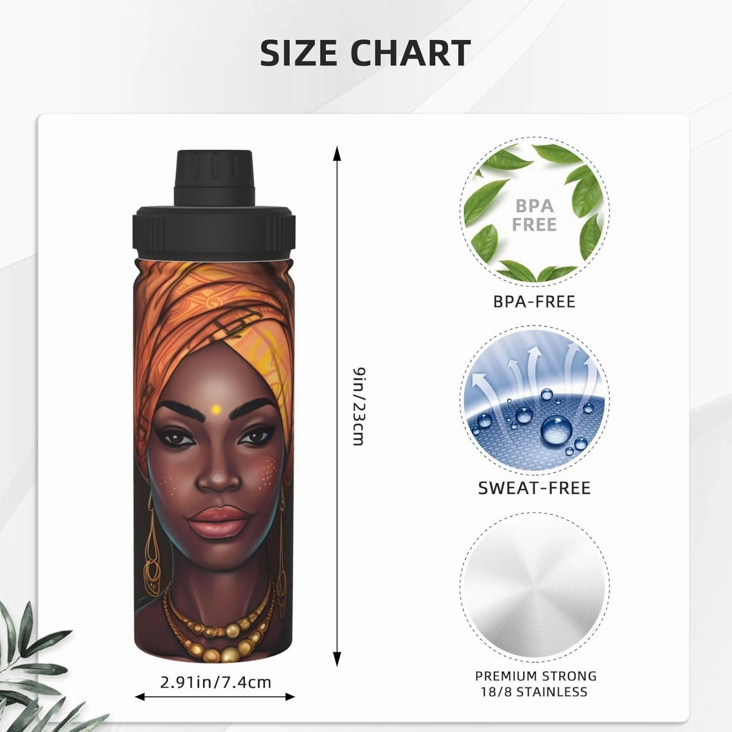 African Women 18 oz Stainless Steel Water Bottles Insulated Sports Water Bottle with Spout Lid, Double Wall Travel Water Flask for Running Hiking Fishing