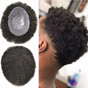 Afro Toupee for Black Men Brazilian Human Hair Replacement System for American African Black Men Injection Full Poly Skin Curly HairPieces (#1B Off Black, 6mm Wave Curl)