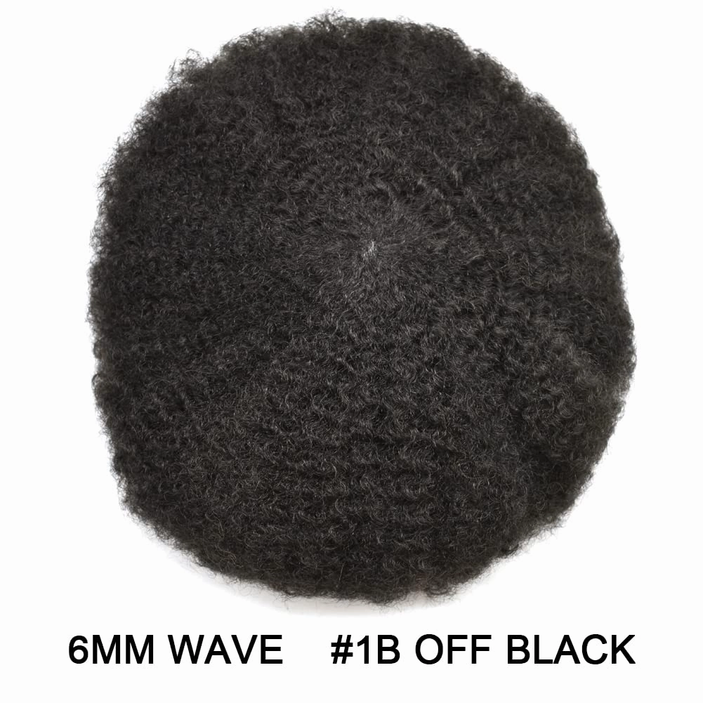Afro Toupee for Black Men Brazilian Human Hair Replacement System for American African Black Men Injection Full Poly Skin Curly HairPieces (#1B Off Black, 6mm Wave Curl)