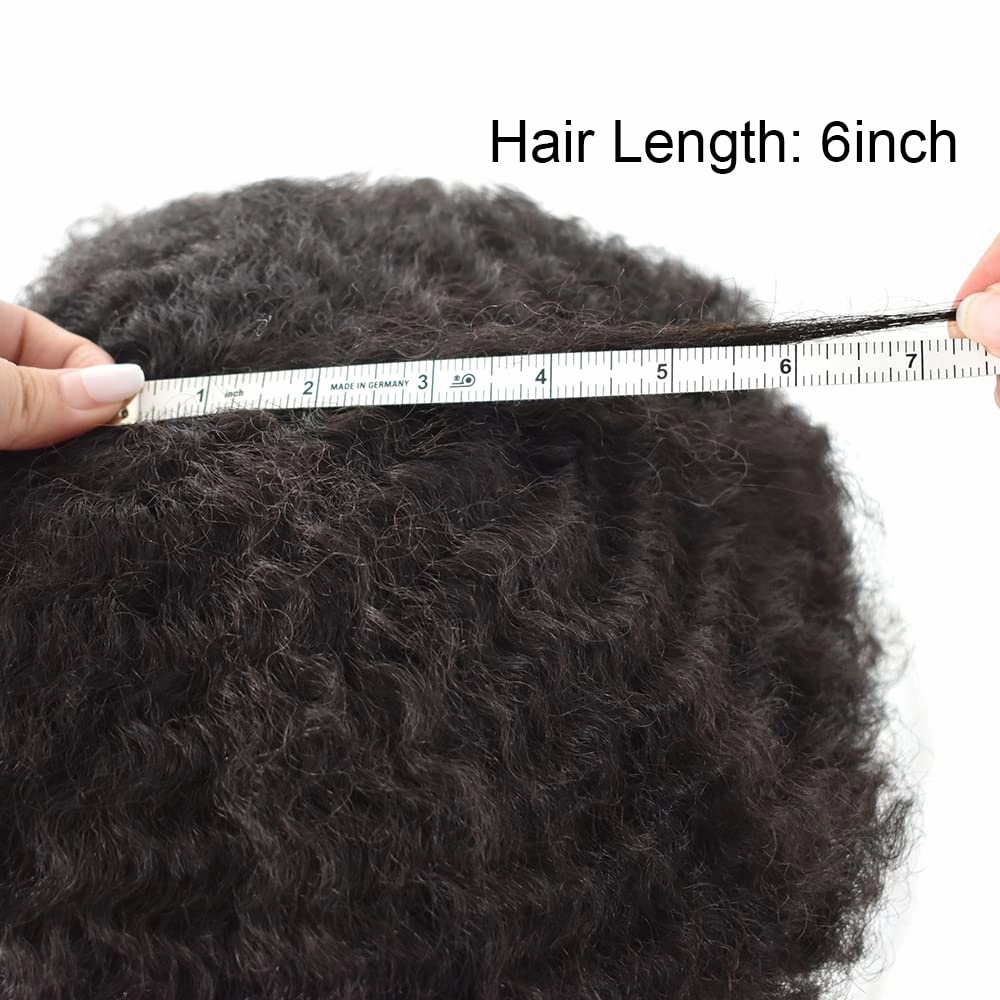 Afro Toupee for Black Men Brazilian Human Hair Replacement System for American African Black Men Injection Full Poly Skin Curly HairPieces (#1B Off Black, 6mm Wave Curl)