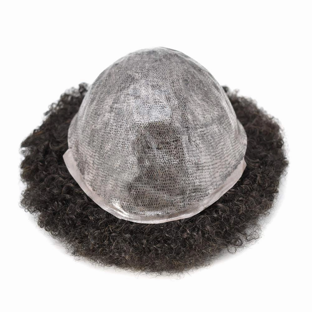 Afro Toupee for Black Men Brazilian Human Hair Replacement System for American African Black Men Injection Full Poly Skin Curly HairPieces (#1B Off Black, 6mm Wave Curl)