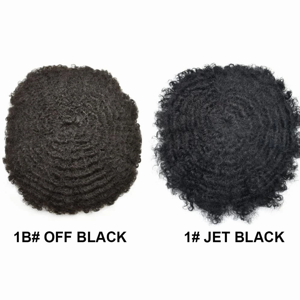 Afro Toupee for Black Men Brazilian Human Hair Replacement System for American African Black Men Injection Full Poly Skin Curly HairPieces (#1B Off Black, 6mm Wave Curl)