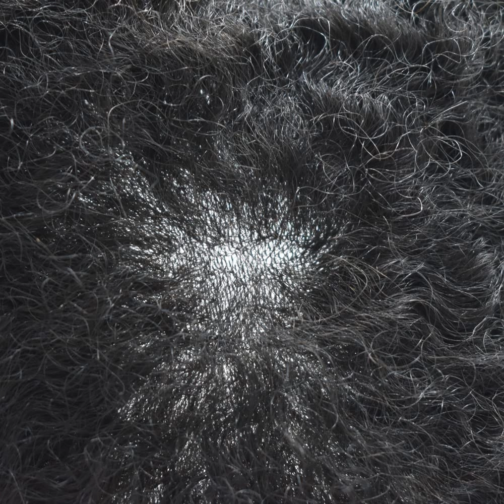 Afro Toupee for Black Men Brazilian Human Hair Replacement System for American African Black Men Injection Full Poly Skin Curly HairPieces (#1B Off Black, 6mm Wave Curl)