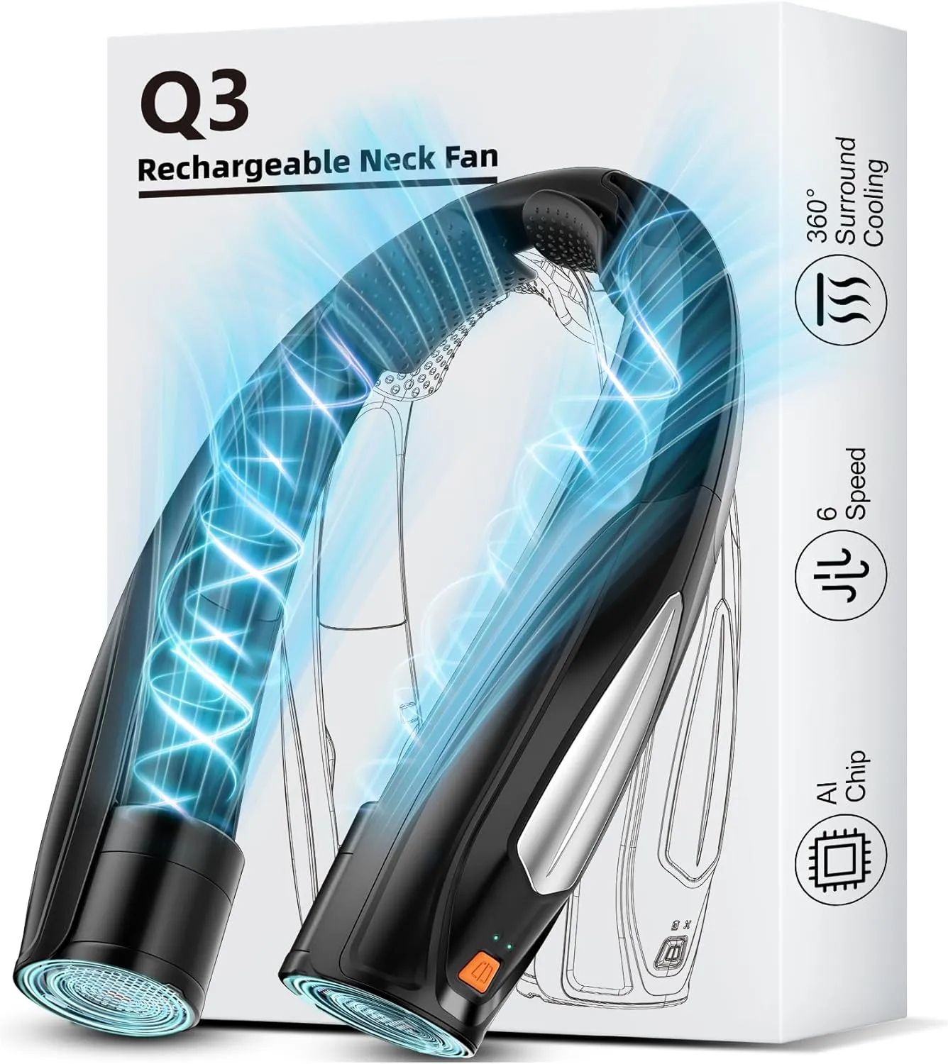AI Neck Fan, 6 Speeds Adjustable Portable Personal Fan Rechargeable, 6000 mAh Battery Faster Cooling Wearable Fan, Ultra Quiet for Home, Office, Travel, Outdoor