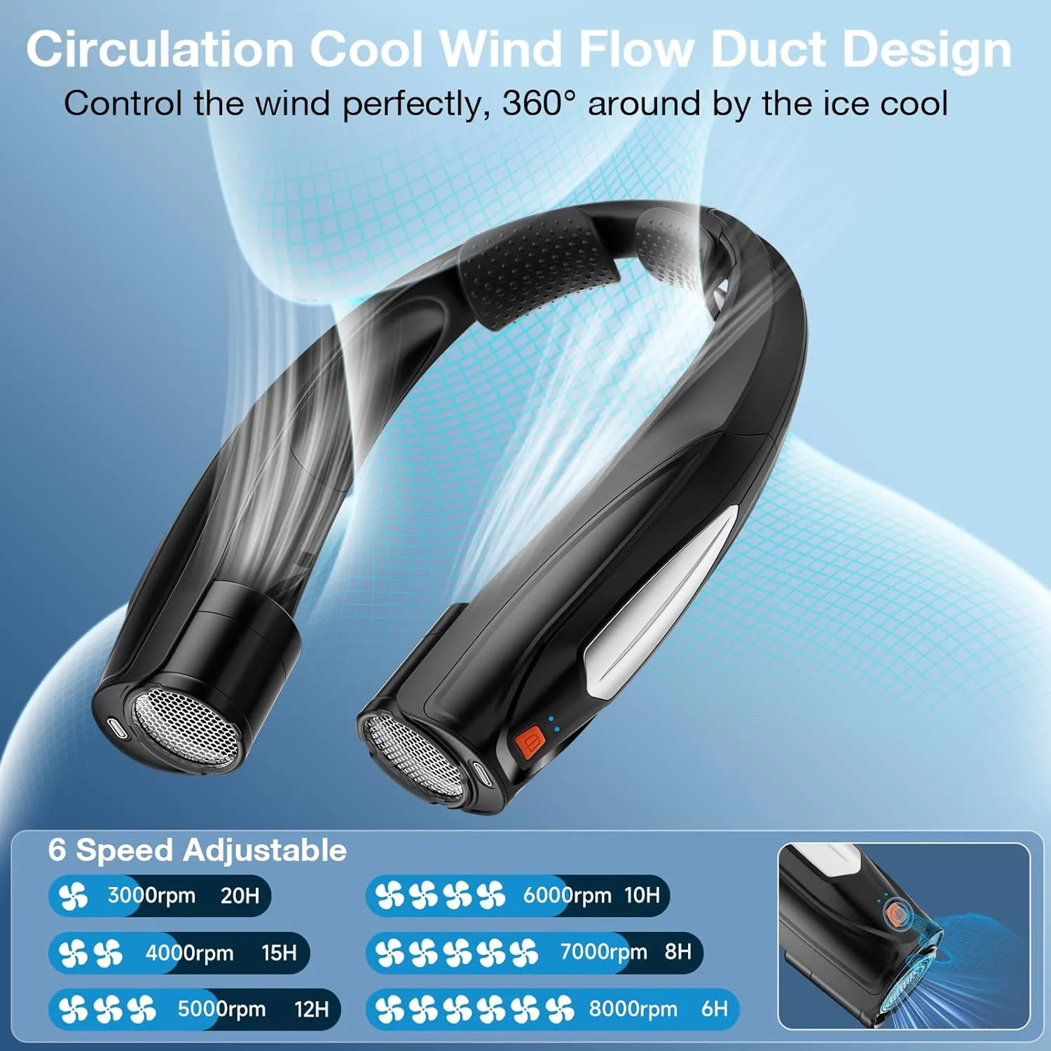 AI Neck Fan, 6 Speeds Adjustable Portable Personal Fan Rechargeable, 6000 mAh Battery Faster Cooling Wearable Fan, Ultra Quiet for Home, Office, Travel, Outdoor