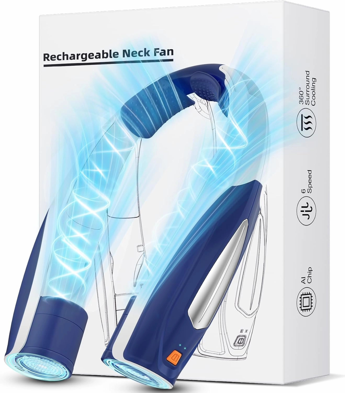 AI Neck Fan, 6 Speeds Adjustable Portable Personal Fan Rechargeable, 6000 mAh Battery Faster Cooling Wearable, Ultra Quiet for Home, Office, Travel, Outdoor