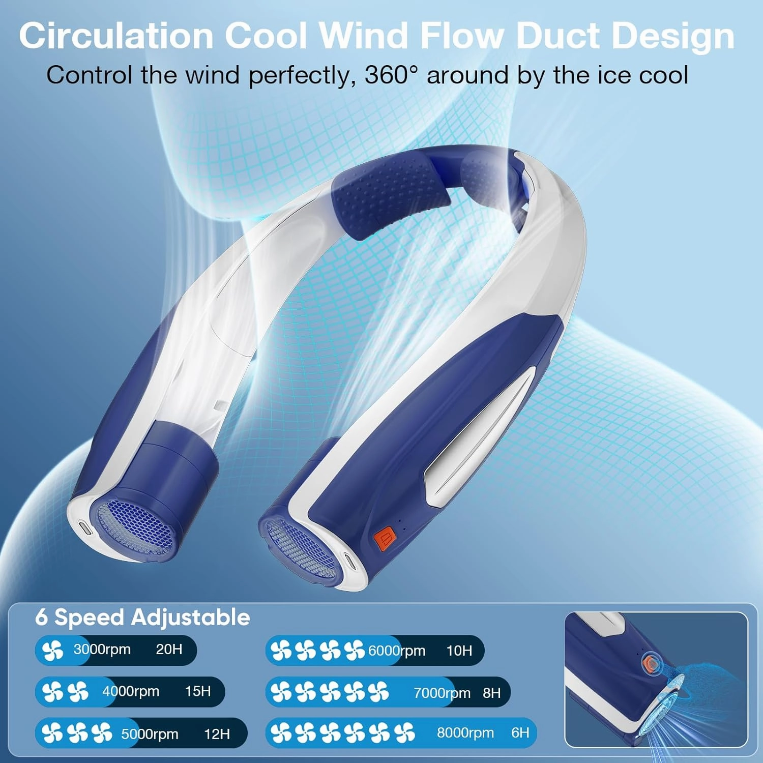 AI Neck Fan, 6 Speeds Adjustable Portable Personal Fan Rechargeable, 6000 mAh Battery Faster Cooling Wearable, Ultra Quiet for Home, Office, Travel, Outdoor