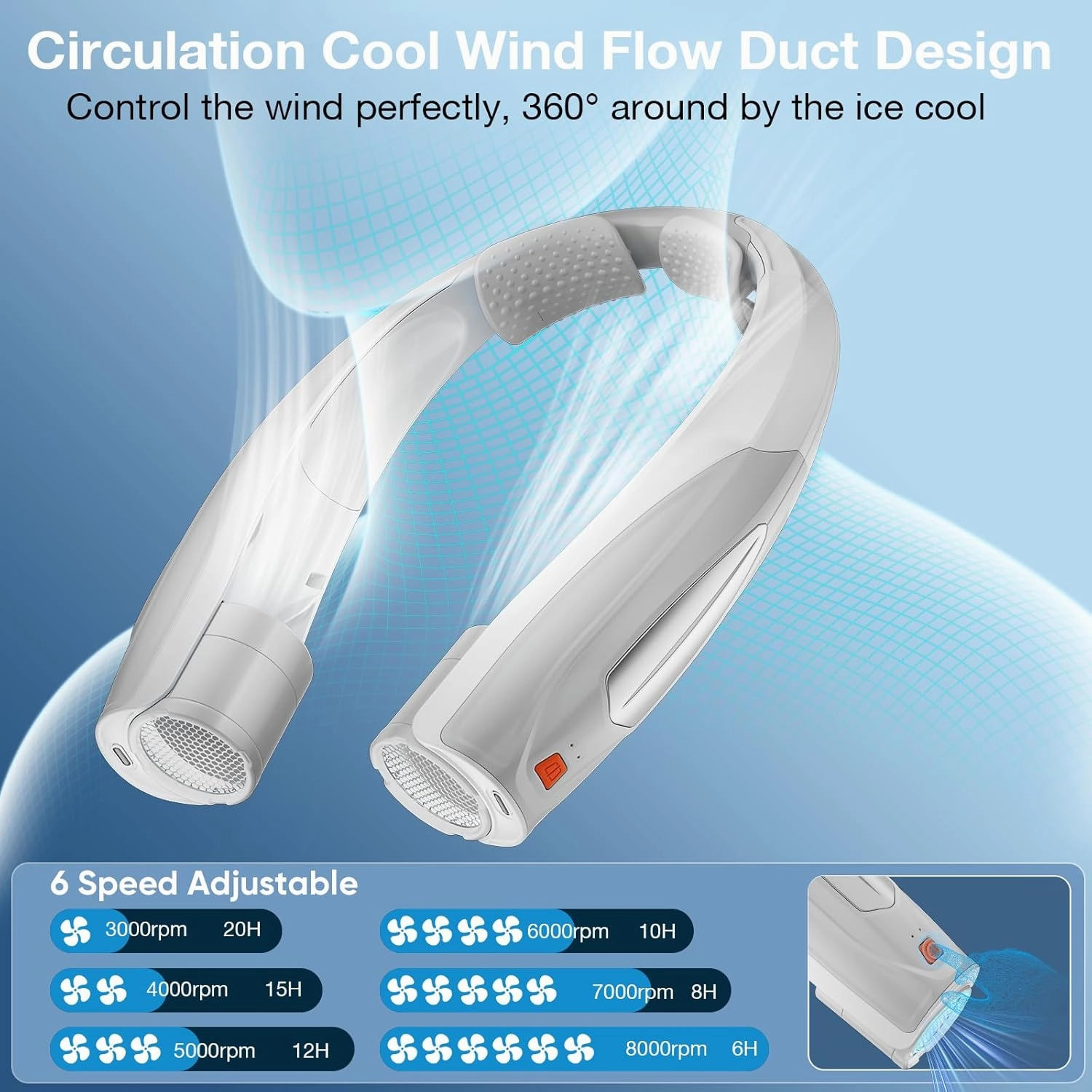 AI Neck Fan, 6 Speeds Adjustable Portable Personal Fan Rechargeable, 6000 mAh Battery Faster Cooling Wearable, Ultra Quiet for Home, Office, Travel, Outdoor