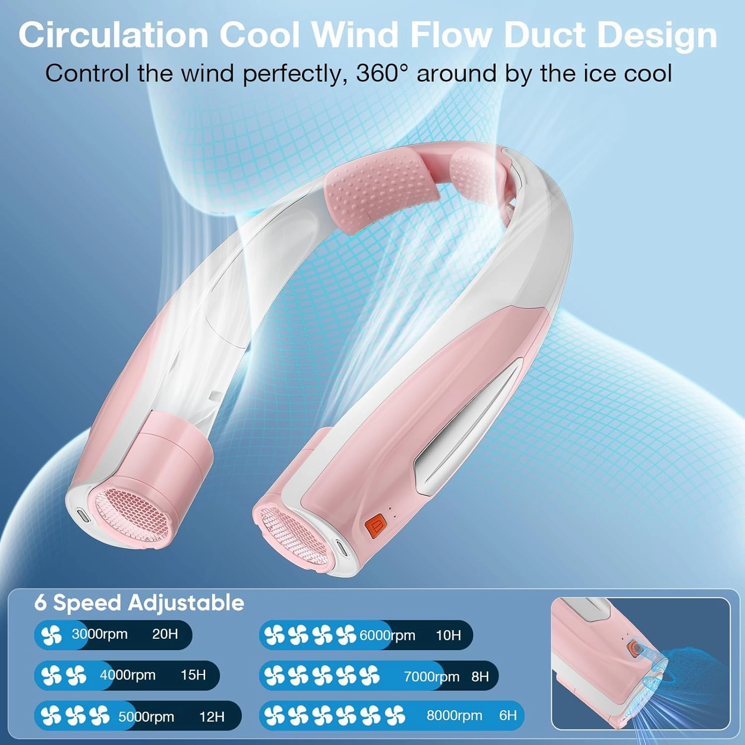 AI Neck Fan, 6 Speeds Adjustable Portable Personal Fan Rechargeable, 6000 mAh Battery Faster Cooling Wearable, Ultra Quiet for Home, Office, Travel, Outdoor