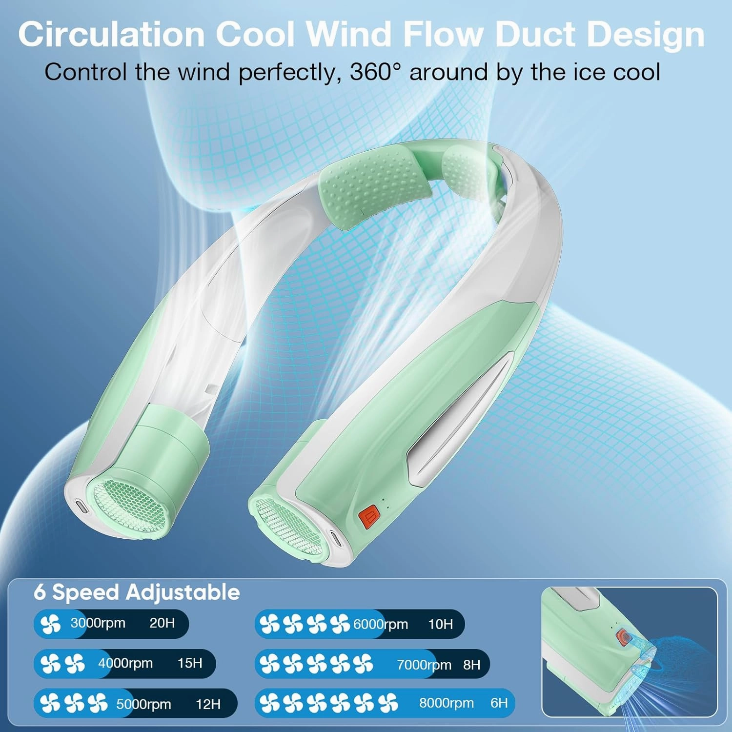 AI Neck Fan, 6 Speeds Adjustable Portable Personal Fan Rechargeable, 6000 mAh Battery Faster Cooling Wearable, Ultra Quiet for Home, Office, Travel, Outdoor