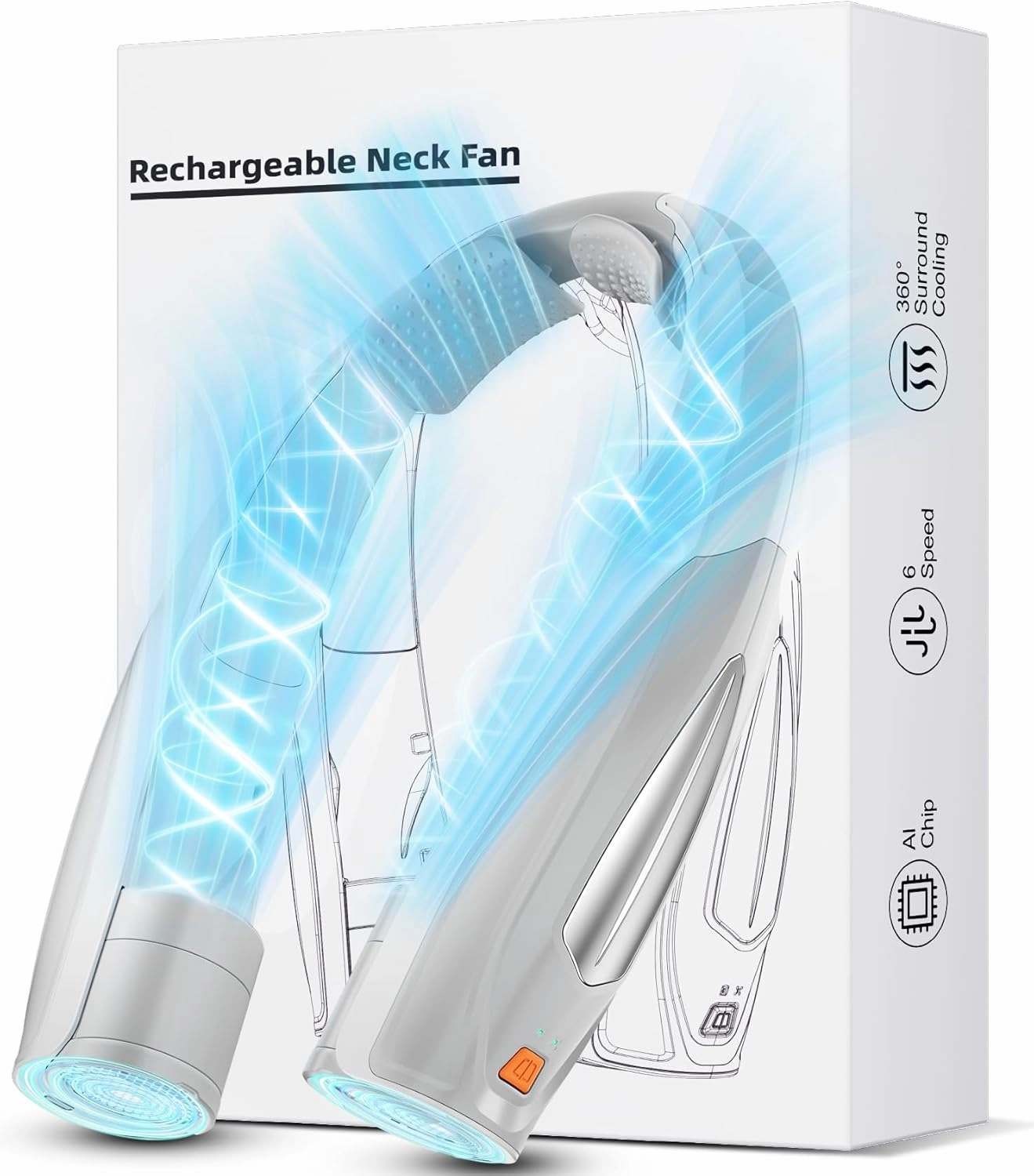 AI Neck Fan, 6 Speeds Adjustable Portable Personal Fan Rechargeable, 6000 mAh Battery Faster Cooling Wearable, Ultra Quiet for Home, Office, Travel, Outdoor