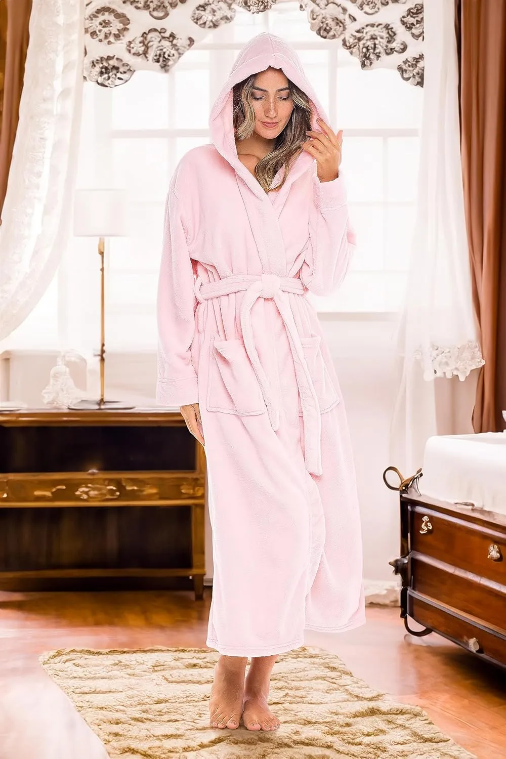 Alexander Del Rossa Women's Plush Robe, Striped, Flannel Plaid Long Fleece Bathrobe with Hood, Plus Size