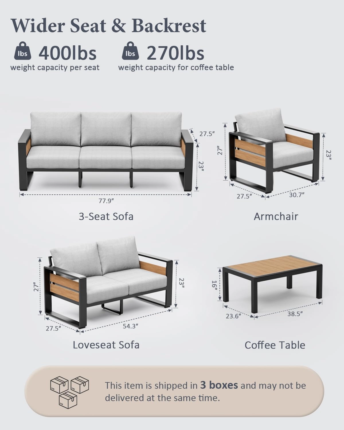 Aluminum Outdoor Patio Furniture Set, 4-Piece Metal Modern Outside Sectional Conversation Lawn Furniture with Coffee Table & Washable Thick Cushions,Seating Sofa for Garden/Backyard/Porch Grey