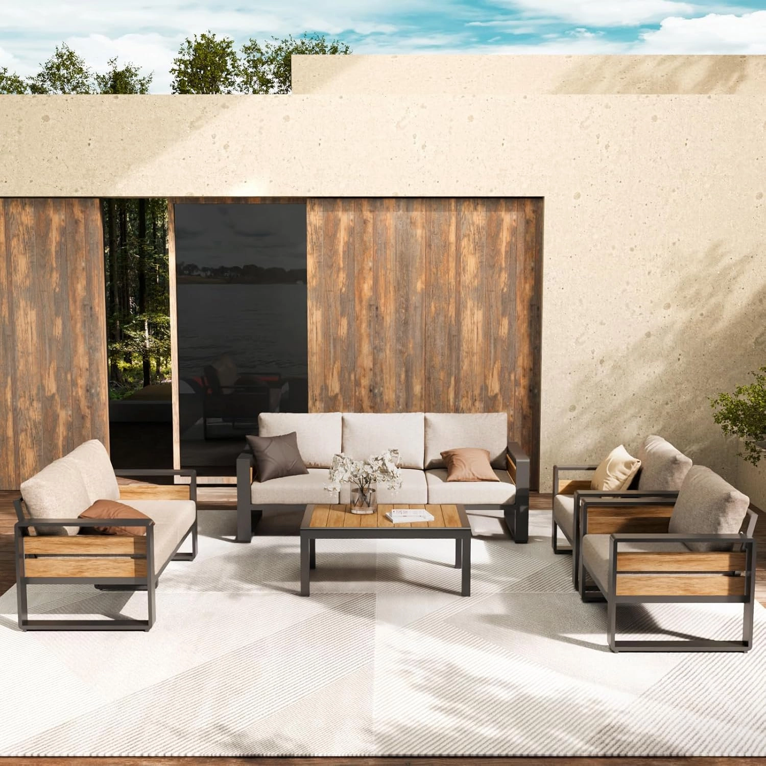 Aluminum Outdoor Patio Furniture Set, 4-Piece Metal Modern Outside Sectional Conversation Lawn Furniture with Coffee Table & Washable Thick Cushions,Seating Sofa for Garden/Backyard/Porch Grey
