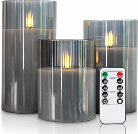 Amagic Glass Flameless Candles with Remote, Battery Operated Candles with Timer, Real Wax LED Pillar Candles with Flickering Flame for Home Halloween Festival Decor, Grey, Set of 3