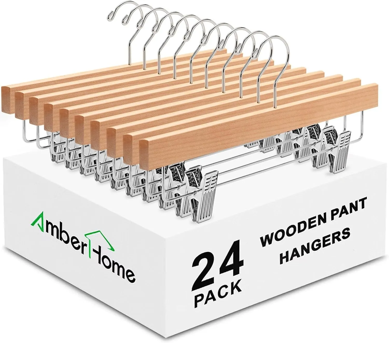 Amber Home 24 Pack Natural Wooden Pants Hangers with Clips, Wood Skirt Hangers Trouser Hangers for Jeans, Slacks, Shorts with 2-Adjustable Clips