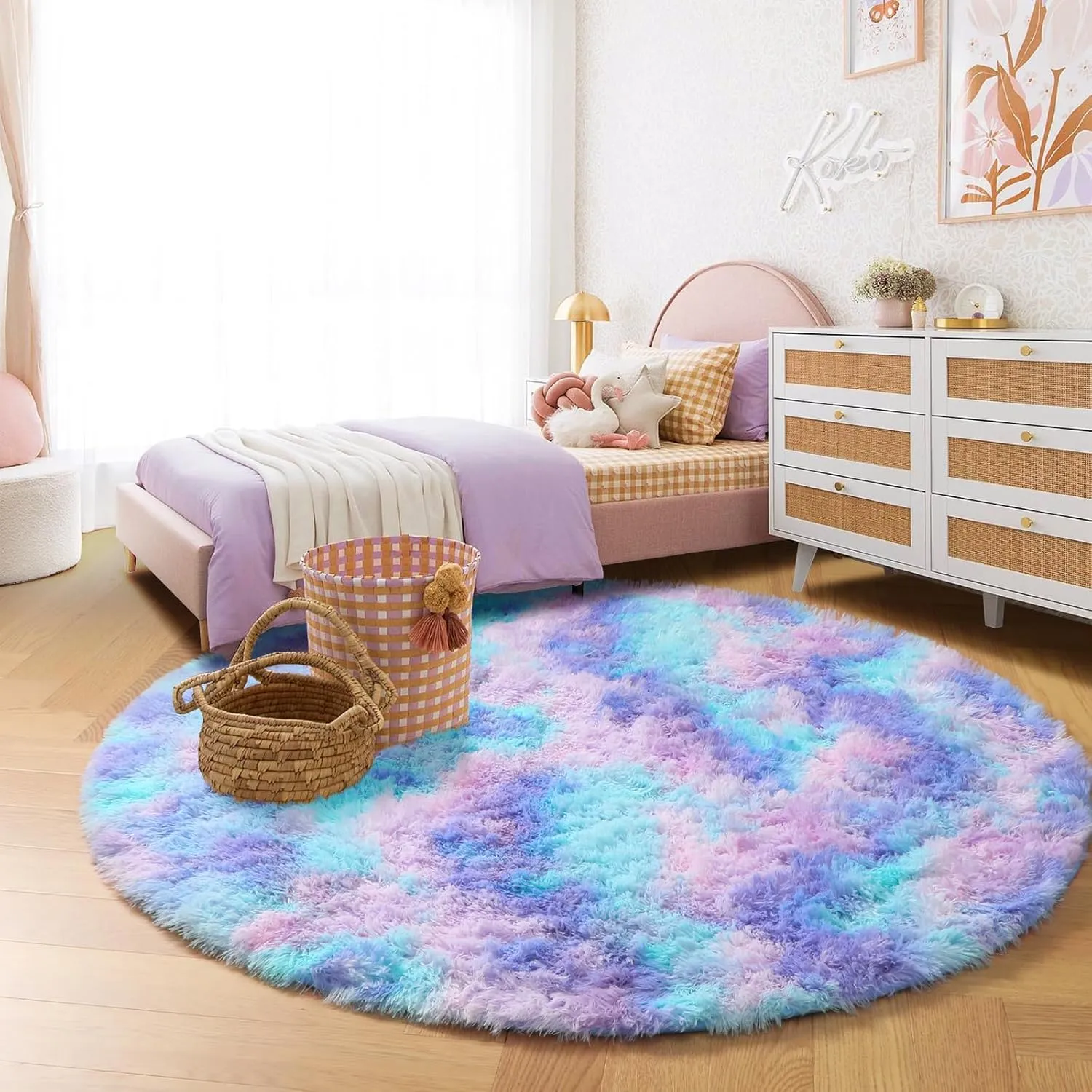 Amdrebio Purple Rainbow Round Rug 4Ft for Bedroom Girls Room Decor, Mermaid Stitch Frozen Kids Rugs for Playroom Nursery Dorm, Fluffy Furry Cute Shag Carpet, Kawaii Circle Area Rugs for Baby Toddler