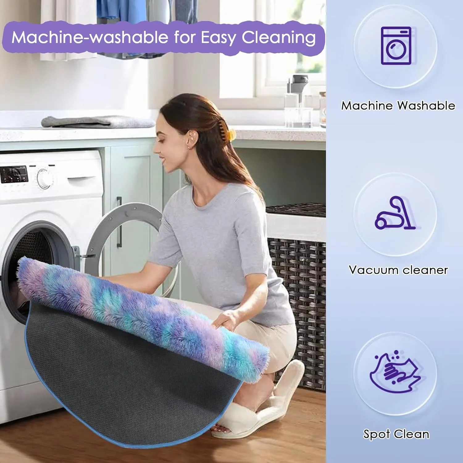Amdrebio Purple Rainbow Round Rug 4Ft for Bedroom Girls Room Decor, Mermaid Stitch Frozen Kids Rugs for Playroom Nursery Dorm, Fluffy Furry Cute Shag Carpet, Kawaii Circle Area Rugs for Baby Toddler