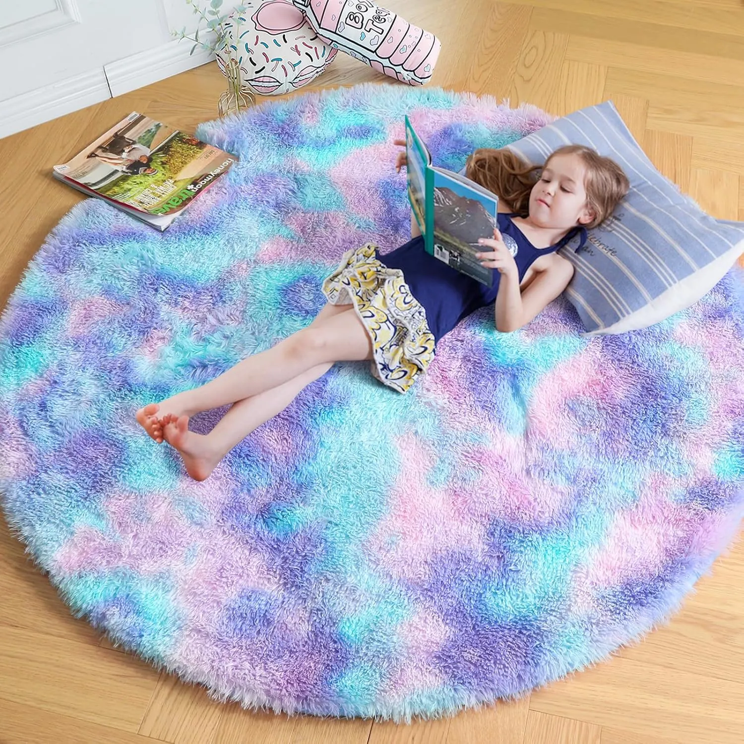 Amdrebio Purple Rainbow Round Rug 4Ft for Bedroom Girls Room Decor, Mermaid Stitch Frozen Kids Rugs for Playroom Nursery Dorm, Fluffy Furry Cute Shag Carpet, Kawaii Circle Area Rugs for Baby Toddler