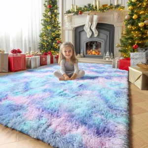 Amdrebio Purple Rainbow Rugs for Bedroom Girls Room Decor, Soft Fluffy Cute Area Rug 4x6 for Kids Room Playroom Nursery Dorm, Mermaid Stitch Frozen Fuzzy Carpet, Plush Kawaii Furry Baby Toddler Rug