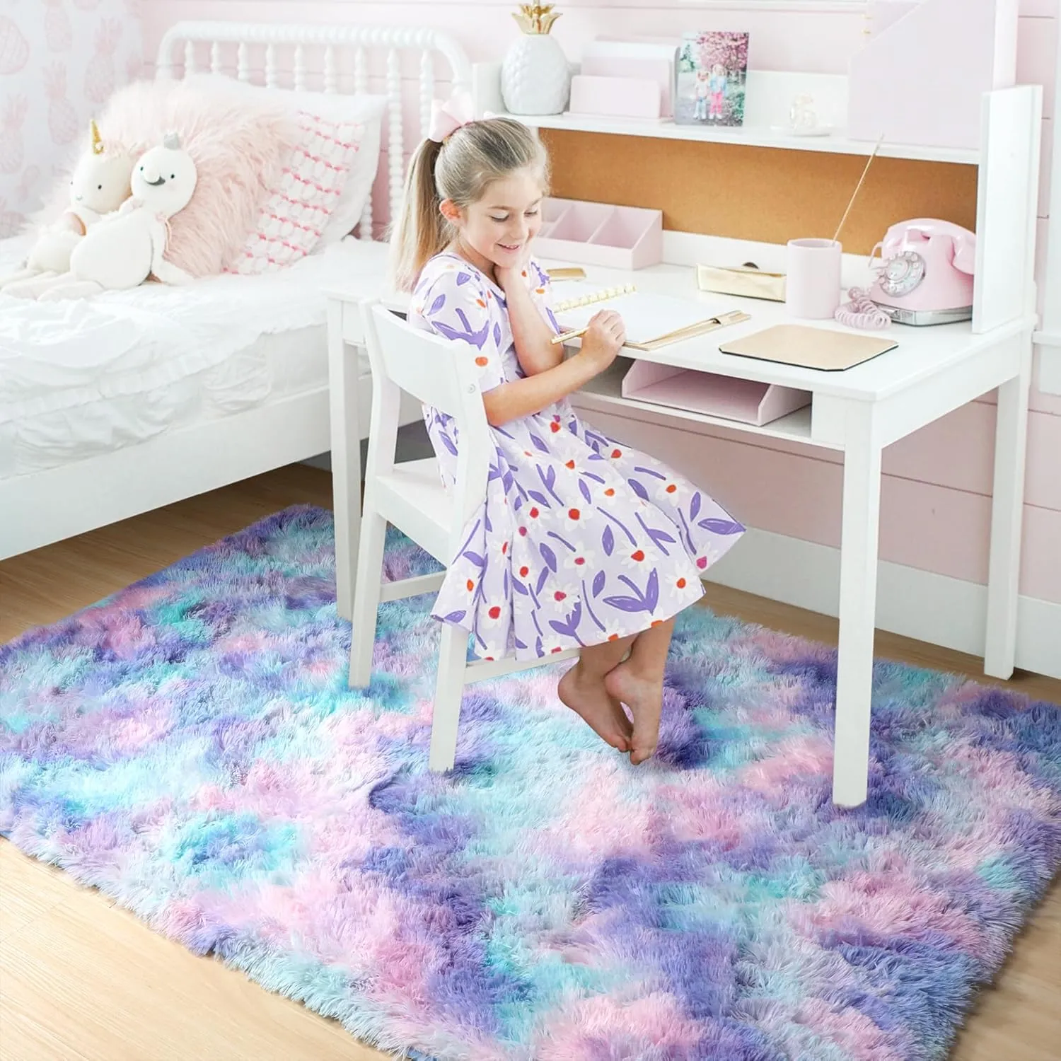 Amdrebio Purple Rainbow Rugs for Bedroom Girls Room Decor, Soft Fluffy Cute Area Rug 4x6 for Kids Room Playroom Nursery Dorm, Mermaid Stitch Frozen Fuzzy Carpet, Plush Kawaii Furry Baby Toddler Rug
