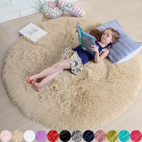 Amdrebio Beige Round Area Rug 4Ft for Bedroom, Machine Washable, Fluffy Plush Shag Furry Circle Rugs for Kids Room, Living Room Decor Aesthetic, Cute Fuzzy Carpet for Nursery Playroom Dorm Baby Teens