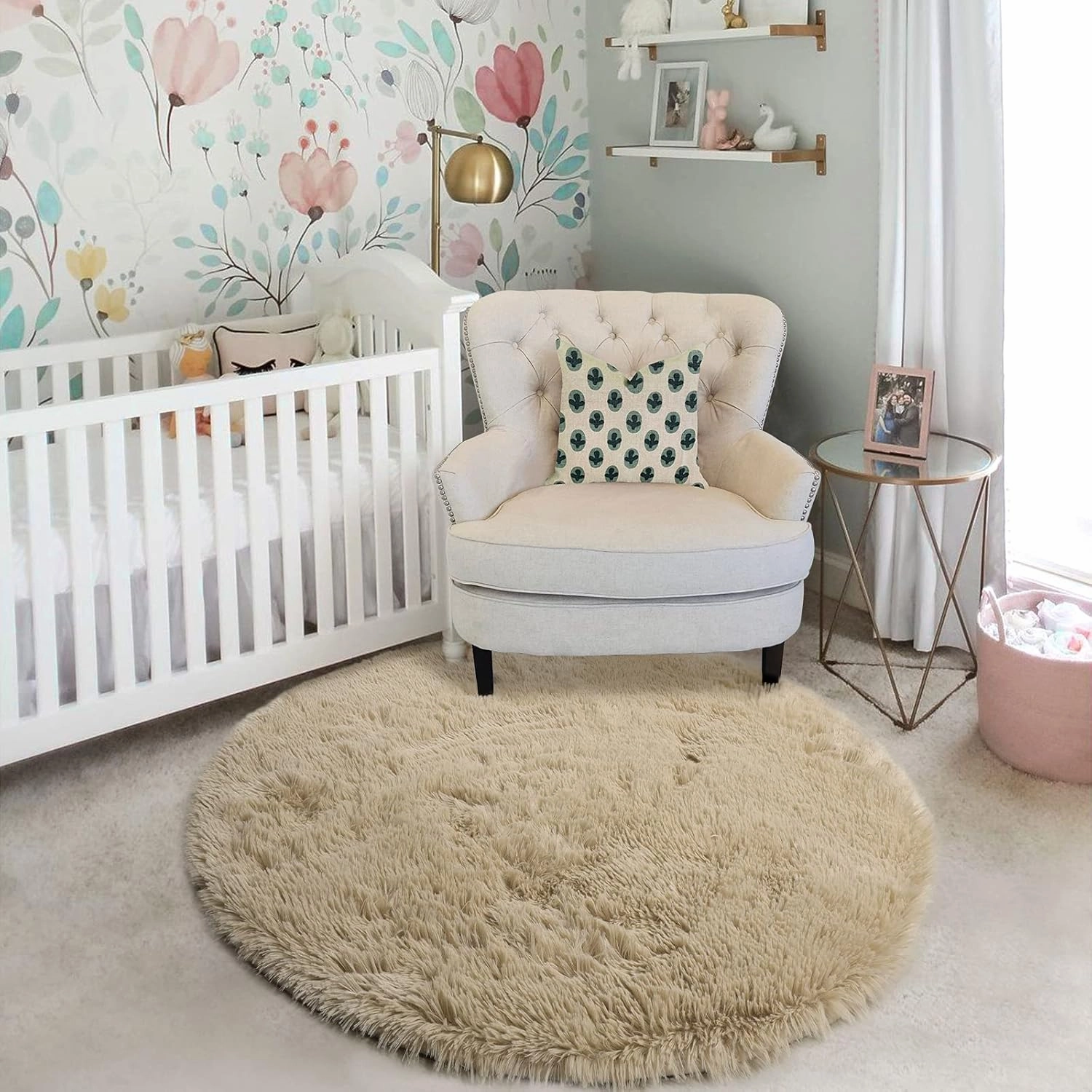 Amdrebio Beige Round Area Rug 4Ft for Bedroom, Machine Washable, Fluffy Plush Shag Furry Circle Rugs for Kids Room, Living Room Decor Aesthetic, Cute Fuzzy Carpet for Nursery Playroom Dorm Baby Teens