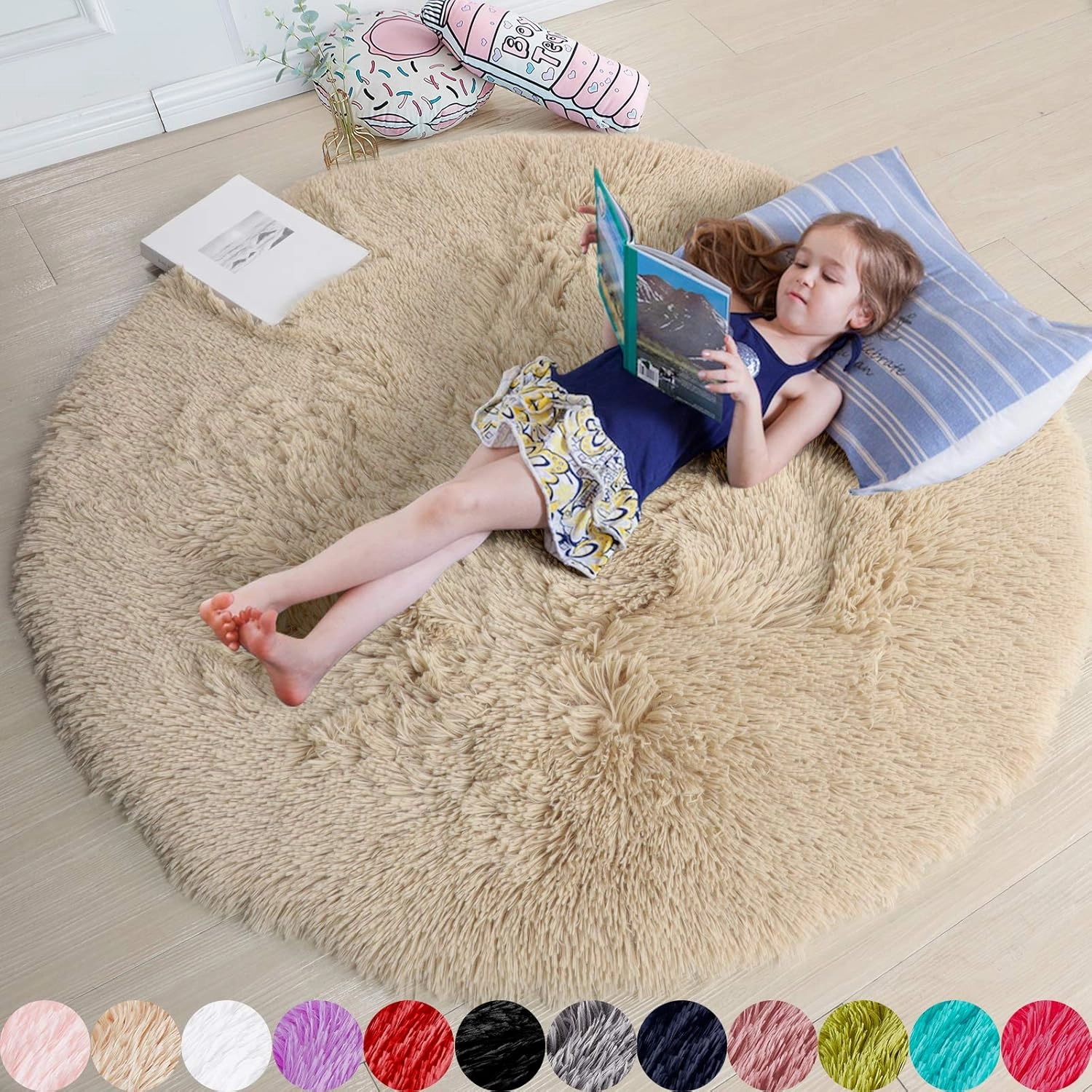 Amdrebio Beige Round Area Rug 4Ft for Bedroom, Machine Washable, Fluffy Plush Shag Furry Circle Rugs for Kids Room, Living Room Decor Aesthetic, Cute Fuzzy Carpet for Nursery Playroom Dorm Baby Teens