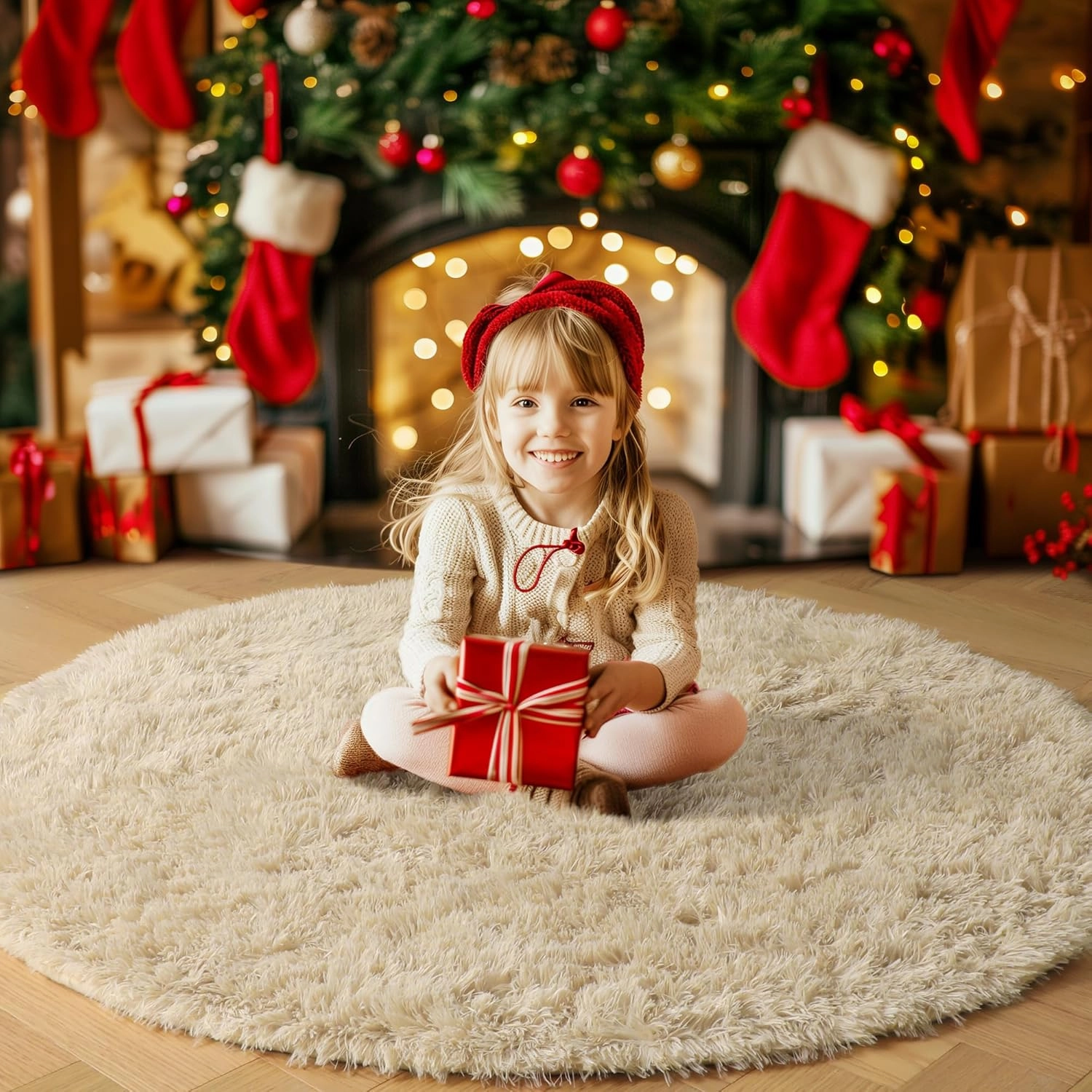 Amdrebio Beige Round Area Rug 4Ft for Bedroom, Machine Washable, Fluffy Plush Shag Furry Circle Rugs for Kids Room, Living Room Decor Aesthetic, Cute Fuzzy Carpet for Nursery Playroom Dorm Baby Teens