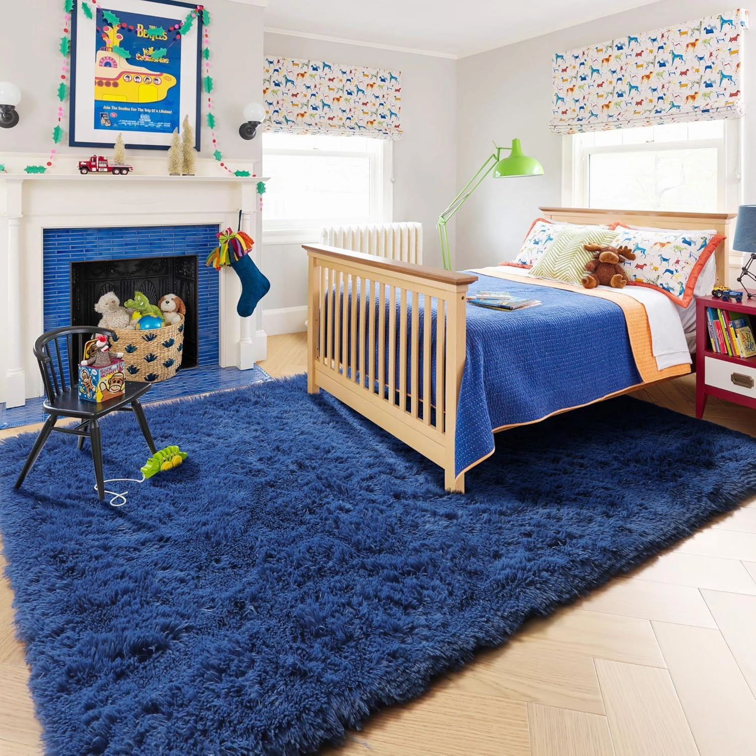 Amdrebio Navy Blue Area Rugs for Boys Bedroom, Fluffy Shag Furry Bedside Rug for Kids Room, Living Room Decor Aesthetic, Cute Throw Royal Dark Blue Carpet for Baby Nursery Office Dorm Playroom, 4x6