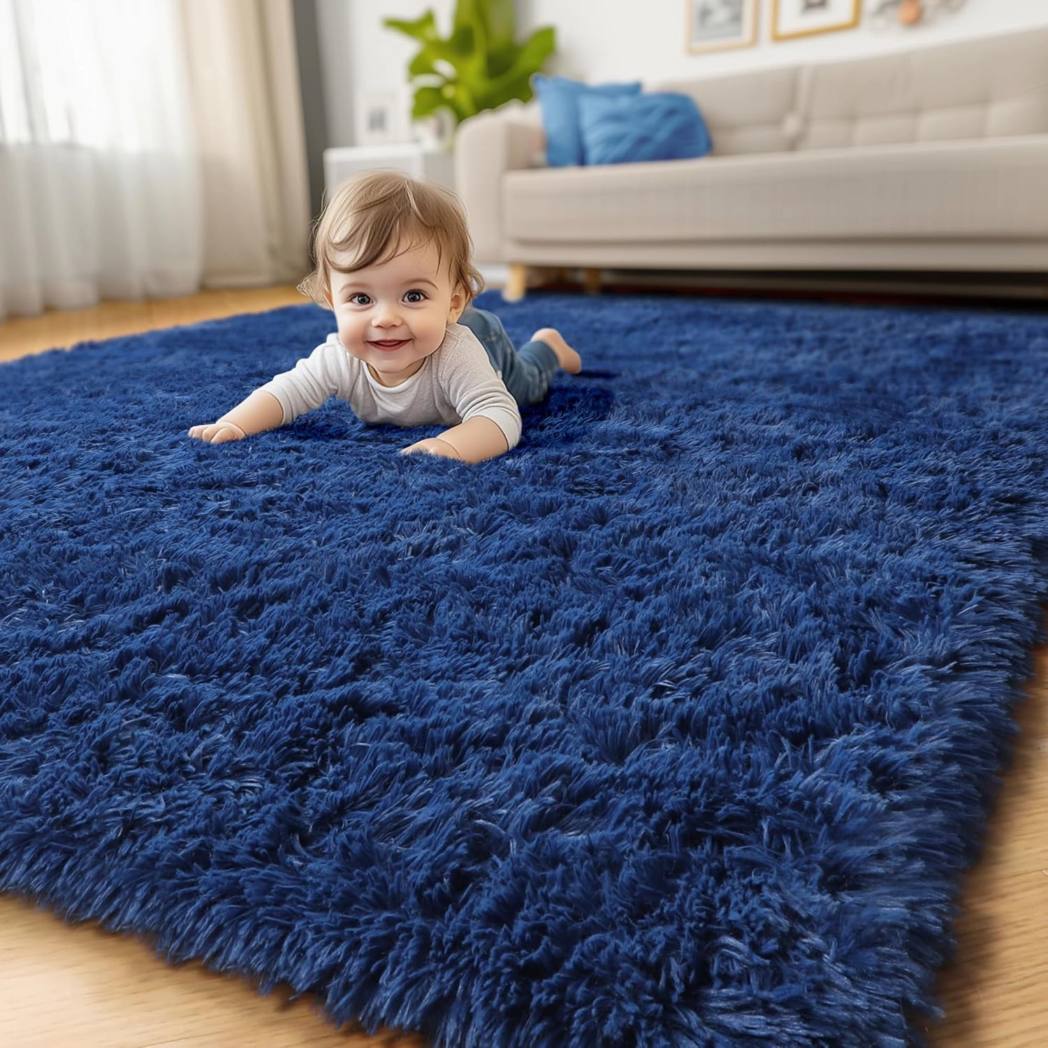 Amdrebio Navy Blue Area Rugs for Boys Bedroom, Fluffy Shag Furry Bedside Rug for Kids Room, Living Room Decor Aesthetic, Cute Throw Royal Dark Blue Carpet for Baby Nursery Office Dorm Playroom, 4x6