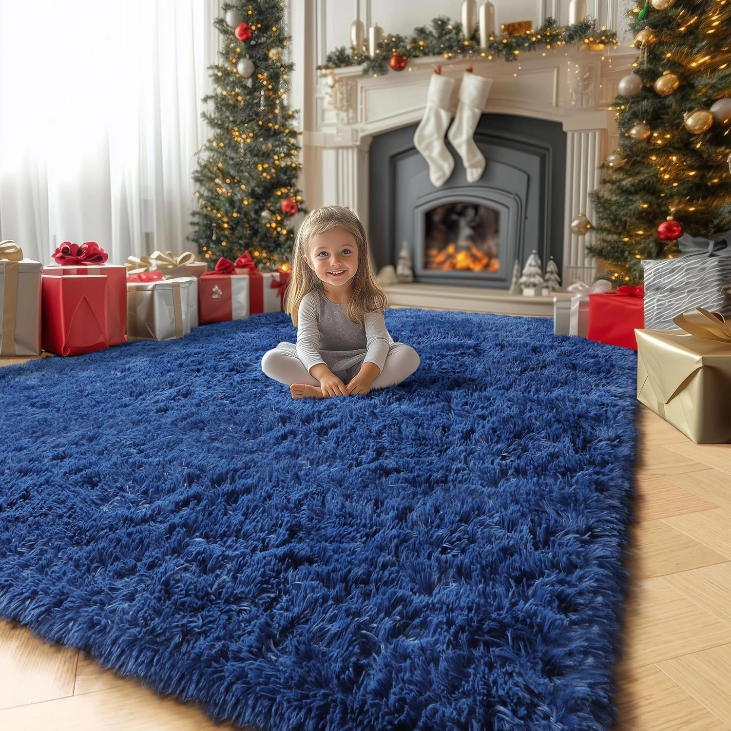 Amdrebio Navy Blue Area Rugs for Boys Bedroom, Fluffy Shag Furry Bedside Rug for Kids Room, Living Room Decor Aesthetic, Cute Throw Royal Dark Blue Carpet for Baby Nursery Office Dorm Playroom, 4x6