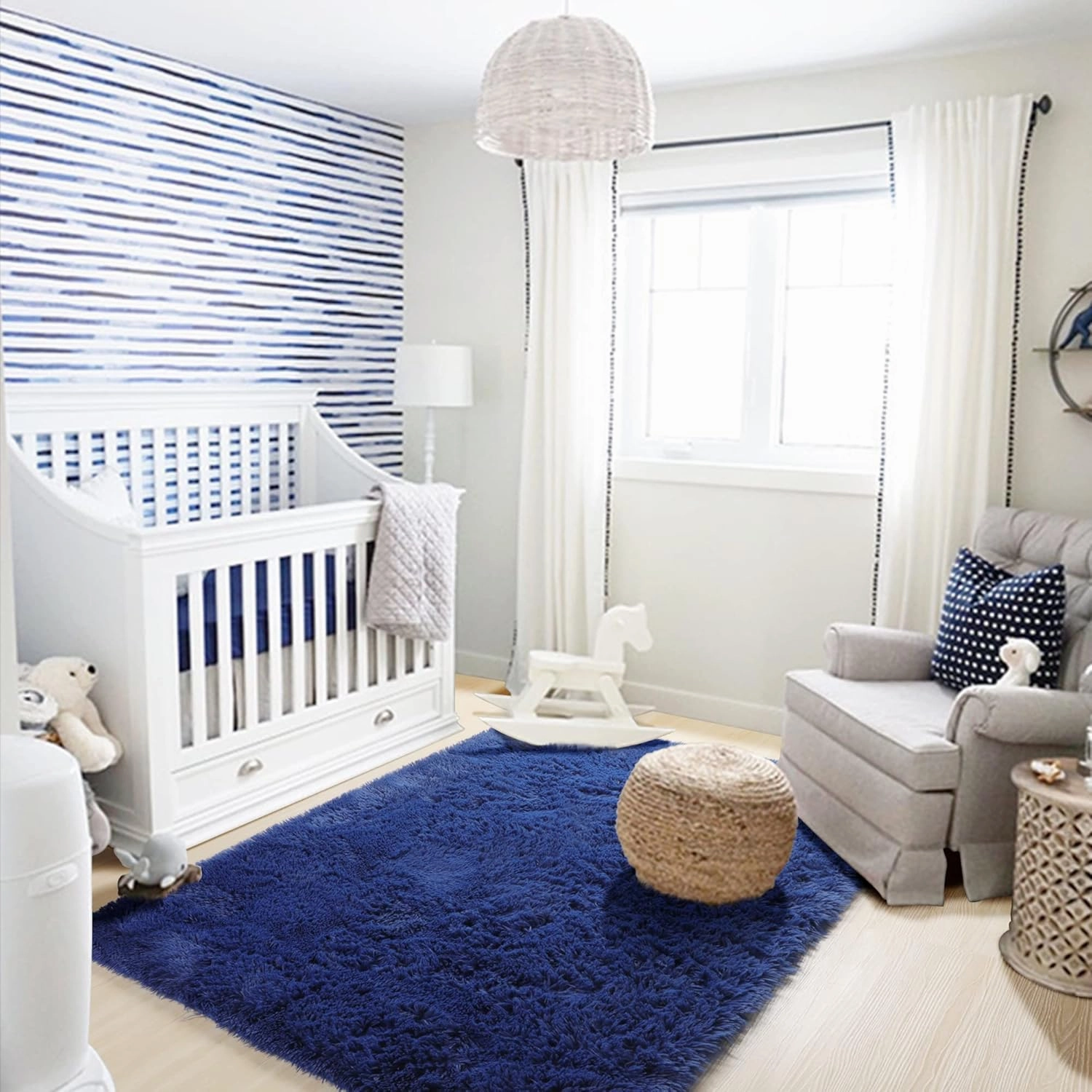 Amdrebio Navy Blue Area Rugs for Boys Bedroom, Fluffy Shag Furry Bedside Rug for Kids Room, Living Room Decor Aesthetic, Cute Throw Royal Dark Blue Carpet for Baby Nursery Office Dorm Playroom, 4x6
