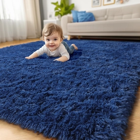 Amdrebio Navy Blue Area Rugs for Boys Bedroom, Fluffy Shag Furry Bedside Rug for Kids Room, Living Room Decor Aesthetic, Cute Throw Royal Dark Blue Carpet for Baby Nursery Office Dorm Playroom, 4x6