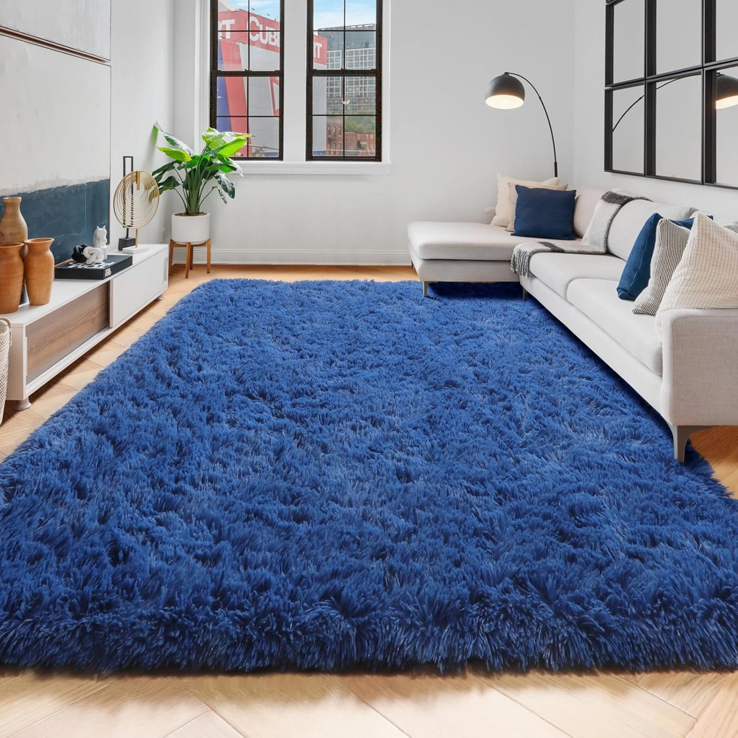 Amdrebio Navy Blue Area Rugs for Boys Bedroom, Fluffy Shag Furry Bedside Rug for Kids Room, Living Room Decor Aesthetic, Cute Throw Royal Dark Blue Carpet for Baby Nursery Office Dorm Playroom, 4x6