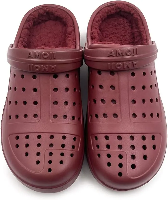 Amoji Unisex Winter Fleece Clog Fur Lined Garden Shoes House Slippers D8818