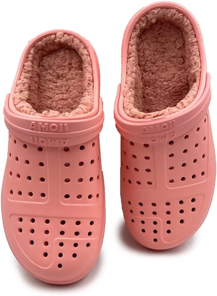 Amoji Unisex Winter Fleece Clog Fur Lined Garden Shoes House Slippers D8818