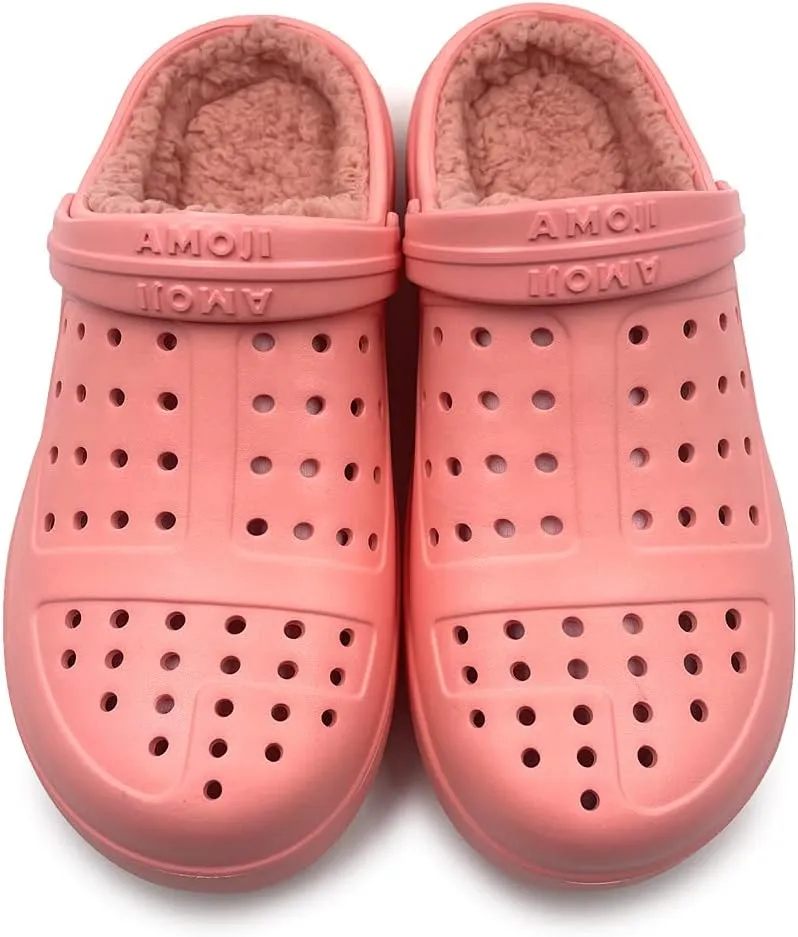 Amoji Unisex Winter Fleece Clog Fur Lined Garden Shoes House Slippers D8818