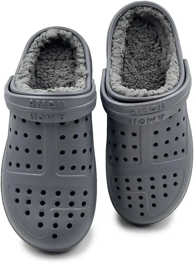 Amoji Unisex Winter Fleece Clog Fur Lined Garden Shoes House Slippers D8818