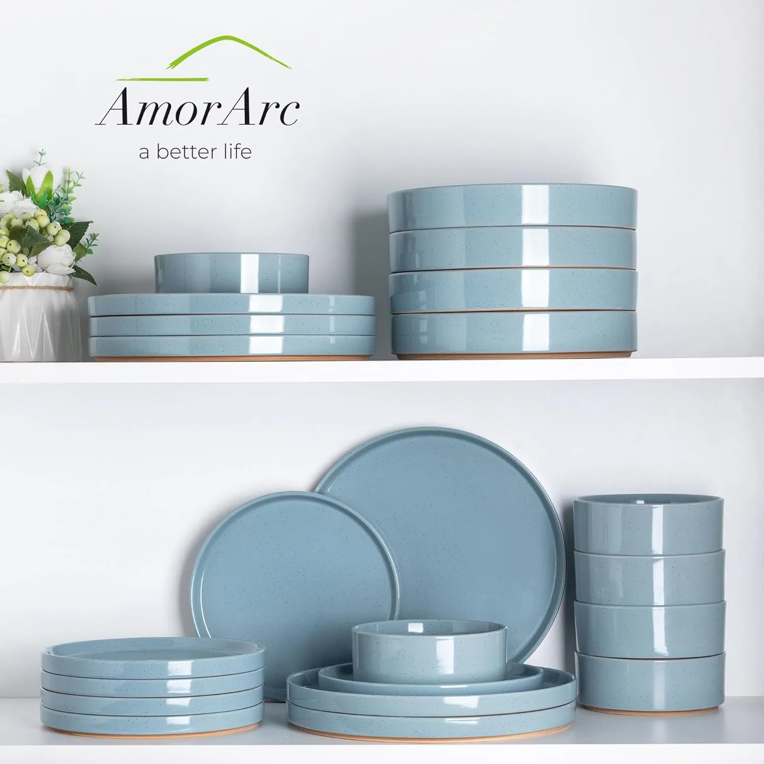 AmorArc Ceramic Dinnerware Set for 4 | Speckled Stoneware Plates and Bowls with unglazed terracotta | Scratch Resistant, Dishwasher & Microwave Safe Dishes Sets- 12-Pcs Blue