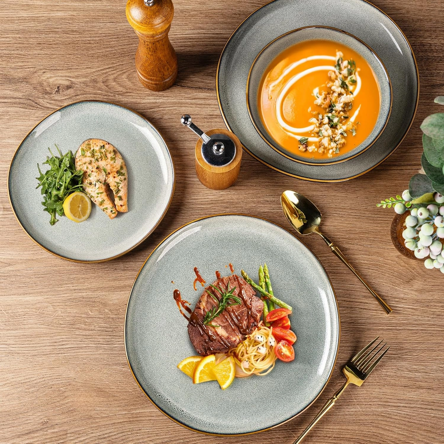 AmorArc Ceramic Dinnerware Sets,Handmade Reactive Glaze Stoneware Plates and Bowls Set,Highly Chip and Crack Resistant | Dishwasher & Microwave Safe Dishes Set,Service for 8 (24pc)