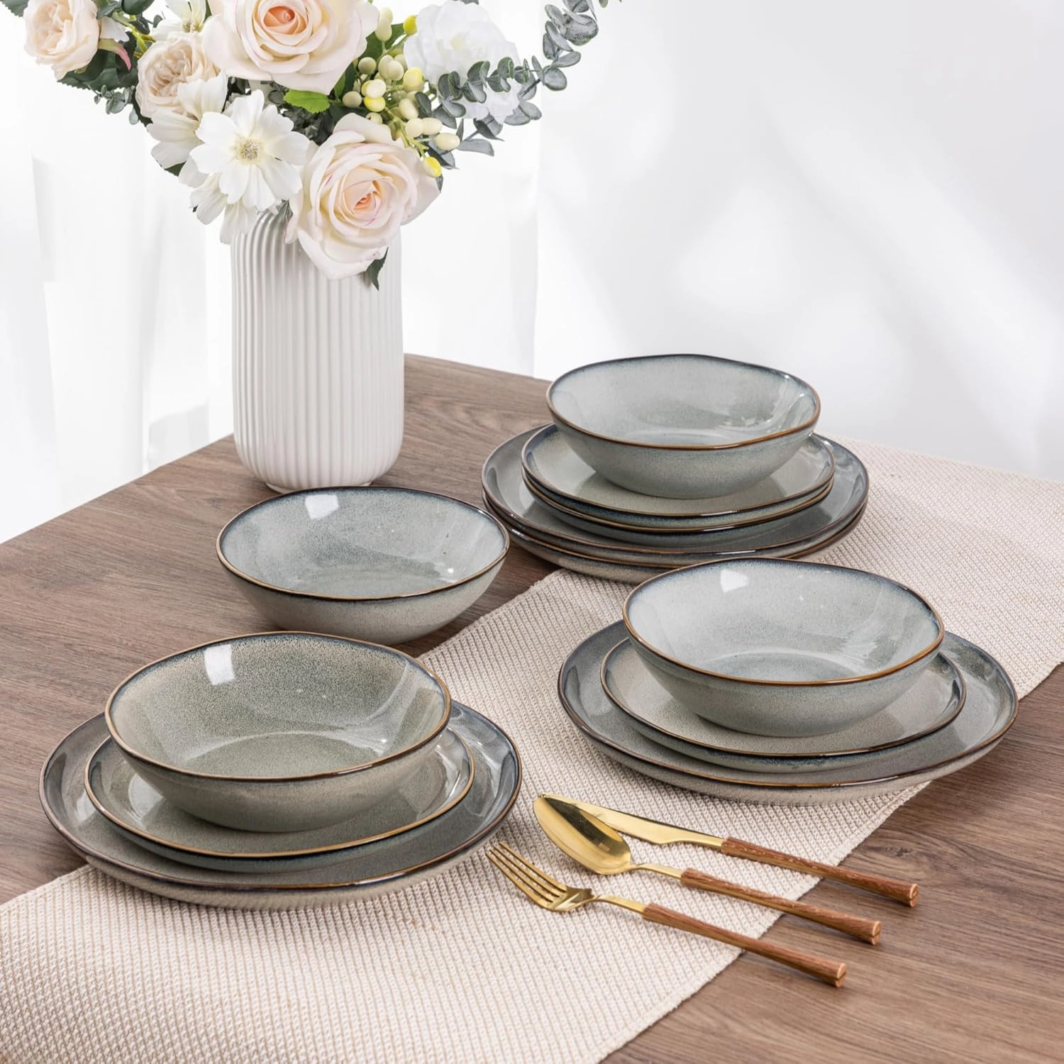 AmorArc Ceramic Dinnerware Sets,Handmade Reactive Glaze Stoneware Plates and Bowls Set,Highly Chip and Crack Resistant | Dishwasher & Microwave Safe Dishes Set,Service for 8 (24pc)