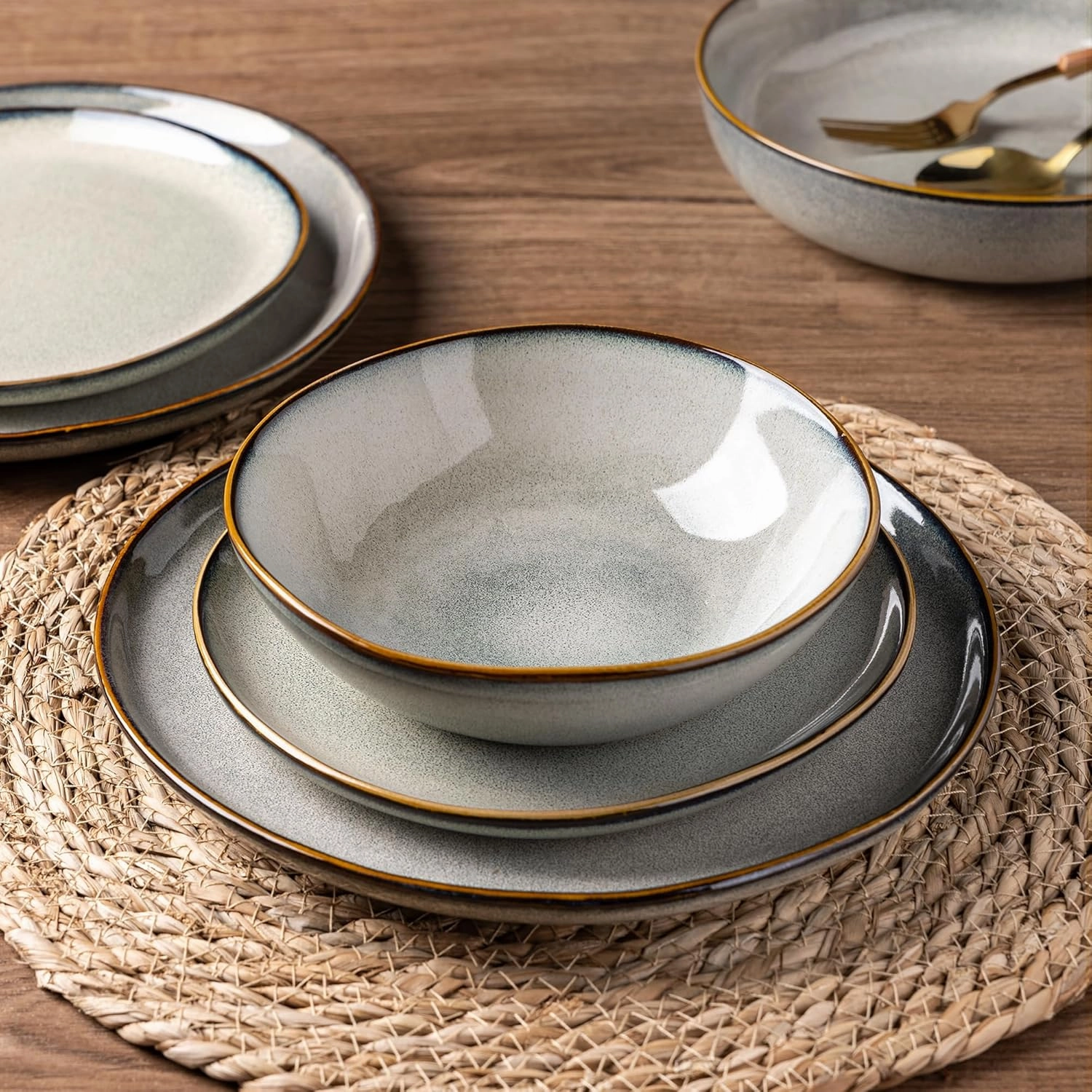 AmorArc Ceramic Dinnerware Sets,Handmade Reactive Glaze Stoneware Plates and Bowls Set,Highly Chip and Crack Resistant | Dishwasher & Microwave Safe Dishes Set,Service for 8 (24pc)