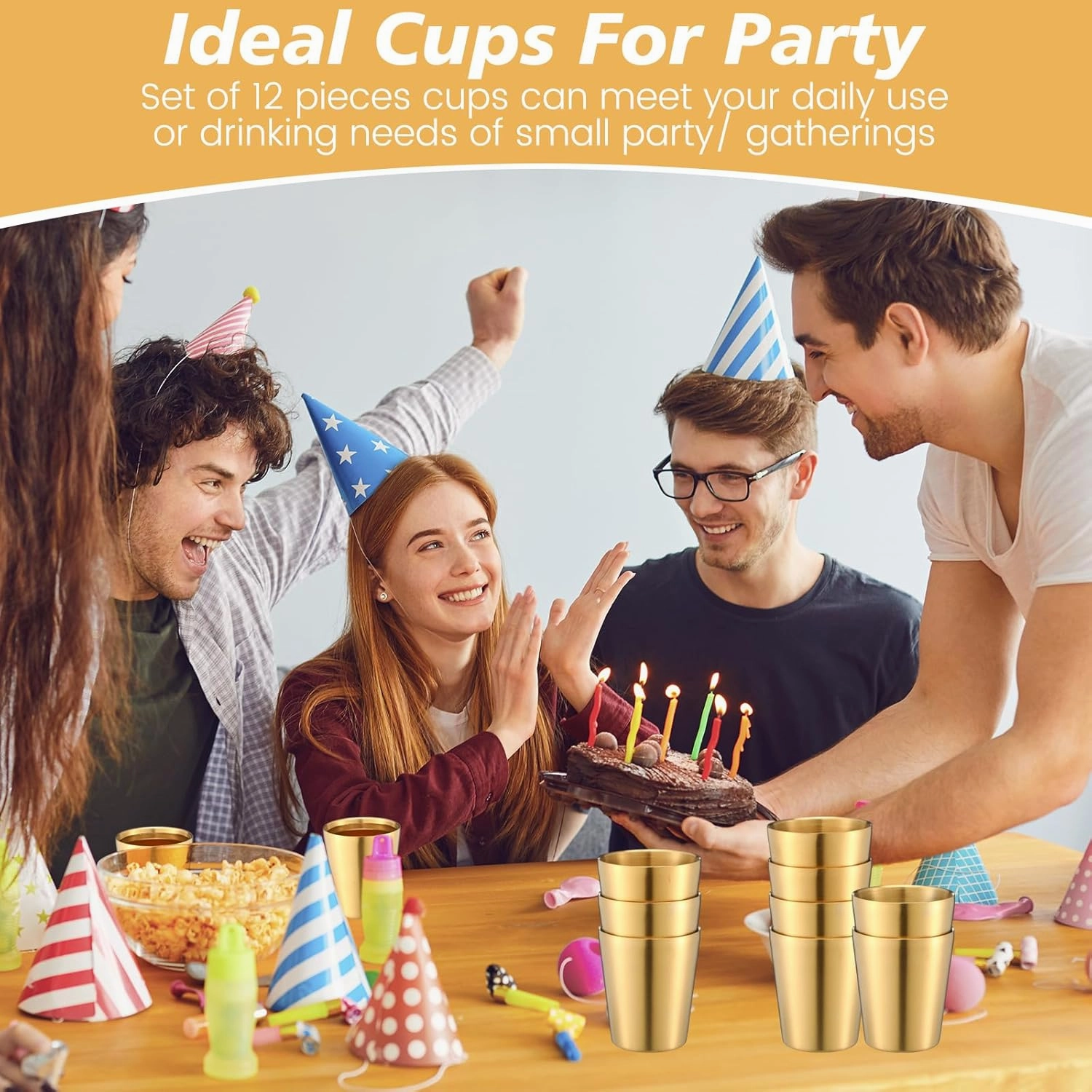 Amyhill 12 Pieces Stainless Steel Cups Double Wall Tumbler Glasses Stackable Metal Drinking Cups Insulated Drinking Glasses Reusable Camping Mugs for Home Camping RV BBQ Office Party(Gold,8.8 oz)