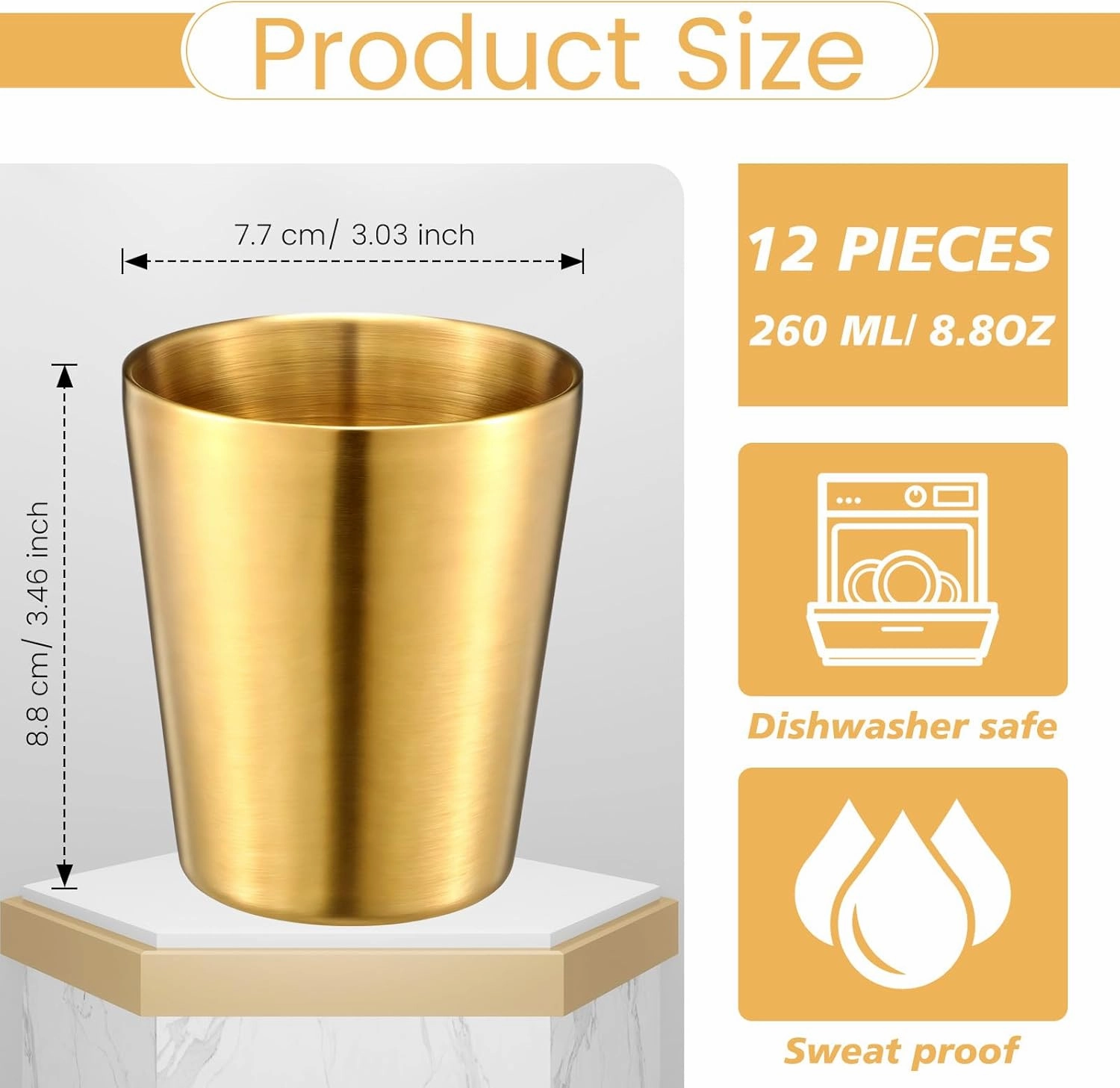Amyhill 12 Pieces Stainless Steel Cups Double Wall Tumbler Glasses Stackable Metal Drinking Cups Insulated Drinking Glasses Reusable Camping Mugs for Home Camping RV BBQ Office Party(Gold,8.8 oz)