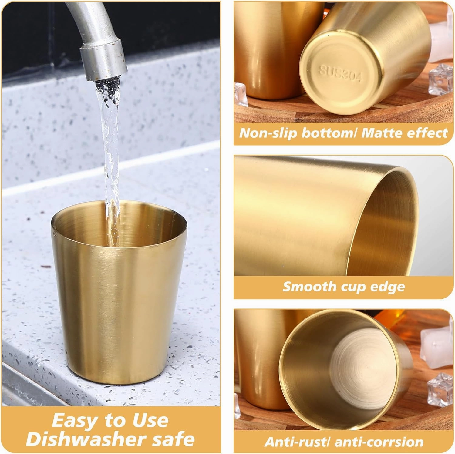 Amyhill 12 Pieces Stainless Steel Cups Double Wall Tumbler Glasses Stackable Metal Drinking Cups Insulated Drinking Glasses Reusable Camping Mugs for Home Camping RV BBQ Office Party(Gold,8.8 oz)