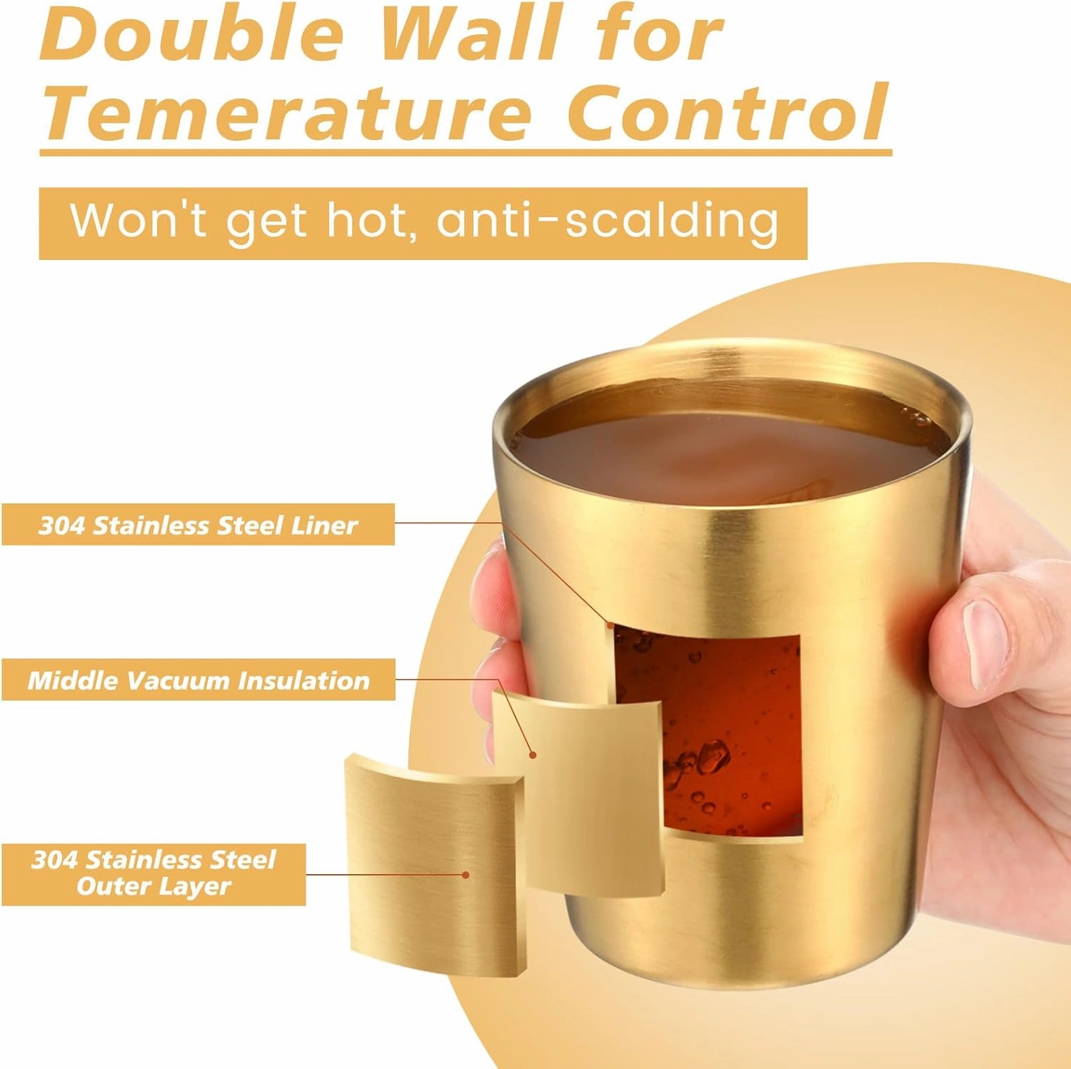 Amyhill 12 Pieces Stainless Steel Cups Double Wall Tumbler Glasses Stackable Metal Drinking Cups Insulated Drinking Glasses Reusable Camping Mugs for Home Camping RV BBQ Office Party(Gold,8.8 oz)