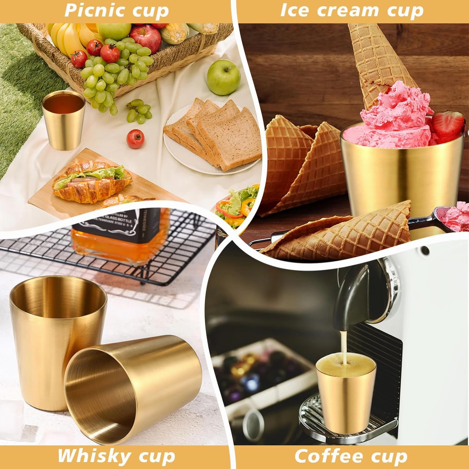 Amyhill 12 Pieces Stainless Steel Cups Double Wall Tumbler Glasses Stackable Metal Drinking Cups Insulated Drinking Glasses Reusable Camping Mugs for Home Camping RV BBQ Office Party(Gold,8.8 oz)