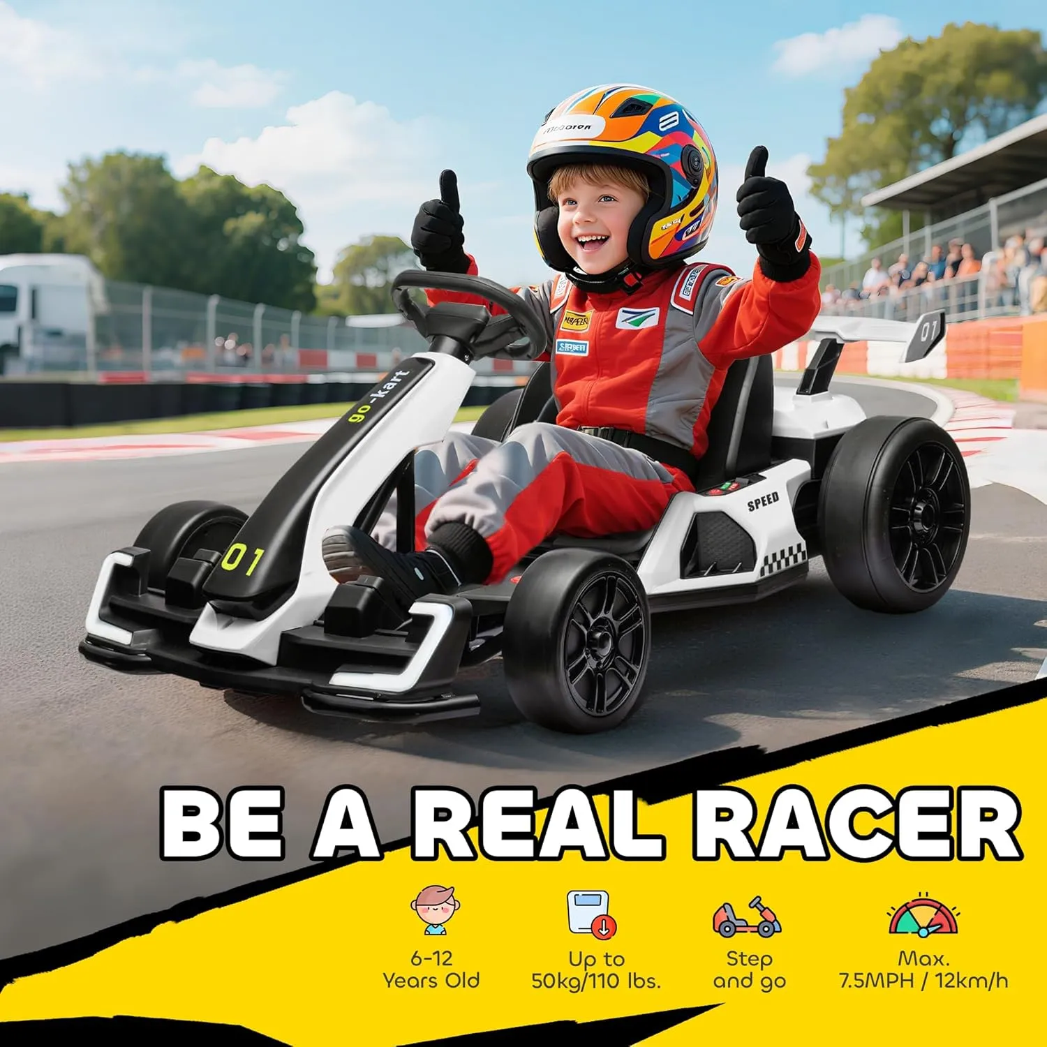 Aosom 24V 7.5 MPH Electric Go Kart with Adjustable Seat, Drifting Car Battery Powered Ride on Toy Outdoor with Slow Start, Button Start, Music, Honking Horn, Lights, for 6-12 Years Old, White