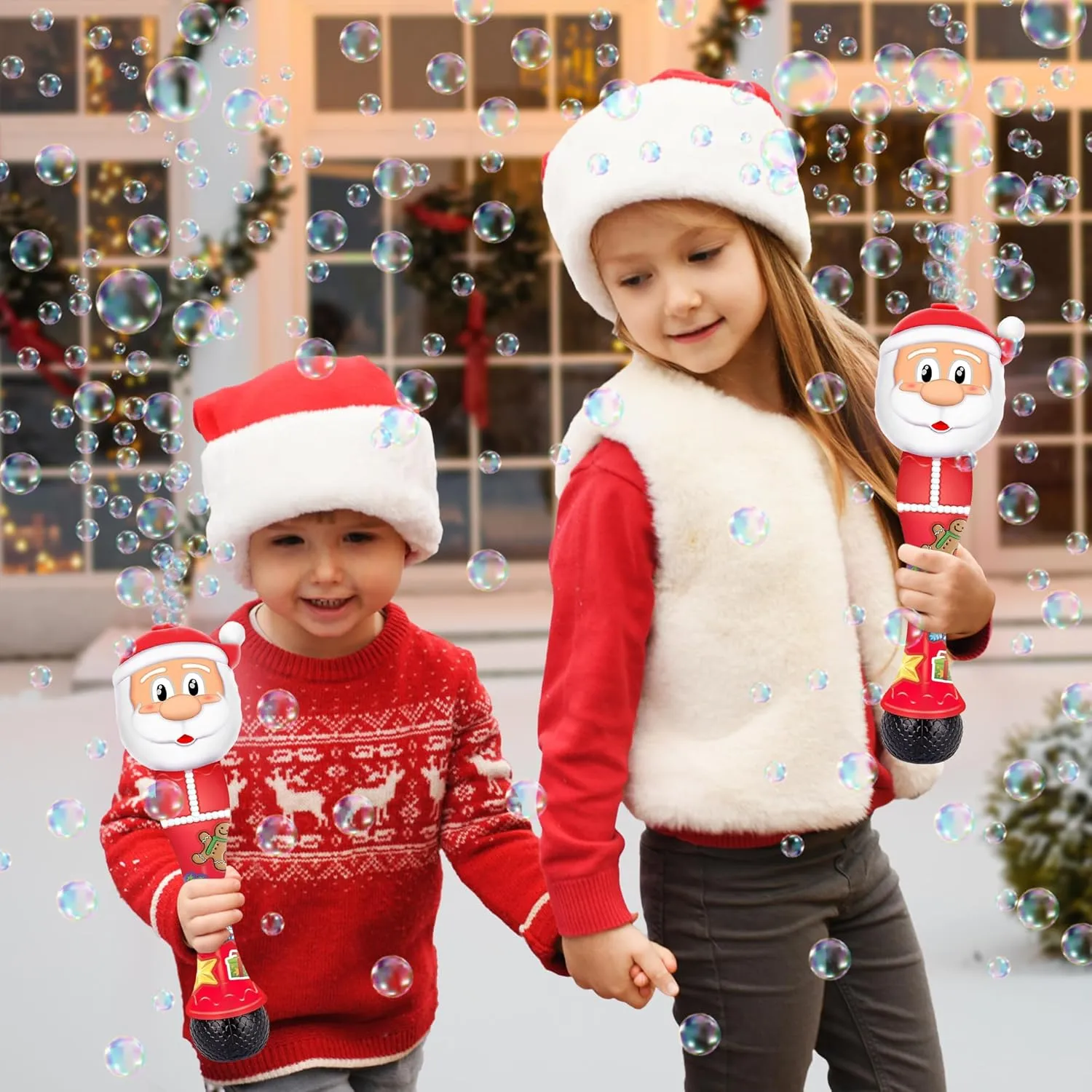 ArtCreativity Light Up Christmas Santa Bubble Wand for Kids, 14" Bubble Blower with Lights & Sound Effects, Bubbles for Kids Ages 1-6 Bubble Toys, Christmas Goodie Bag Stocking Stuffers for Toddlers